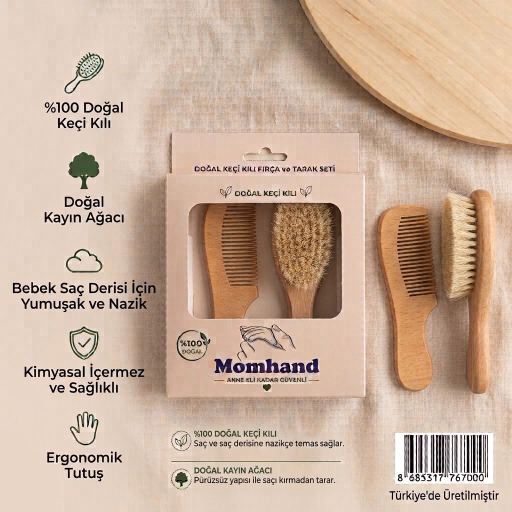 Momhand doğal keçi kılı fırça ve tarak seti